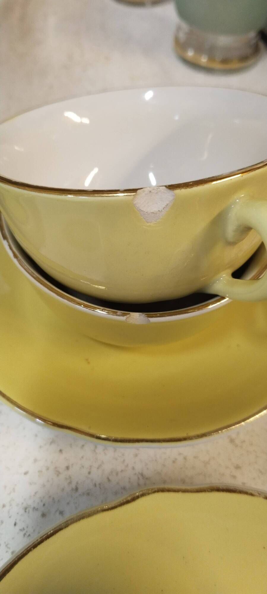 Yellow coffee cups Lunéville KG Badonwiller, antique French