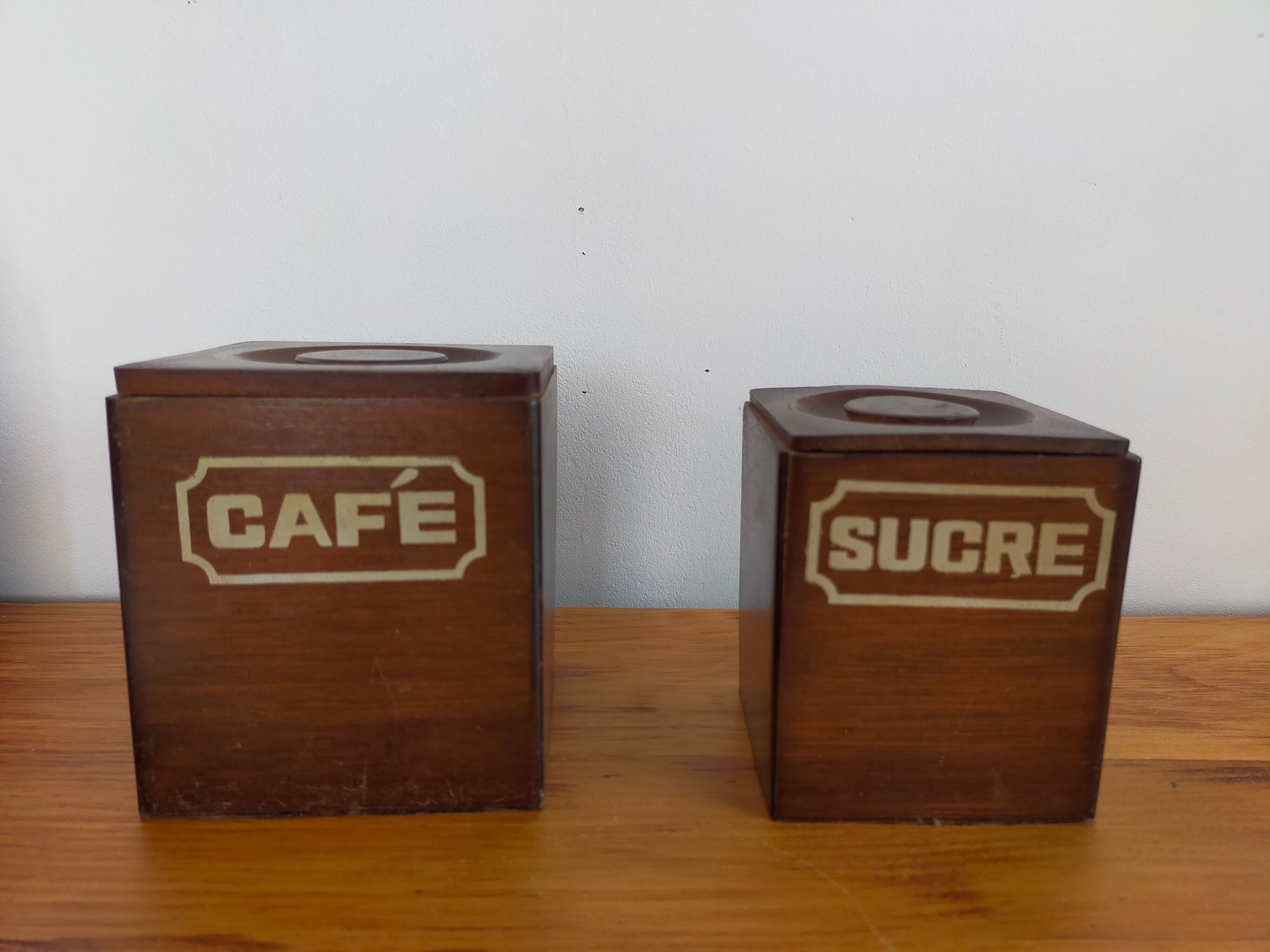 Vintage wooden spice boxes old coffee sugar