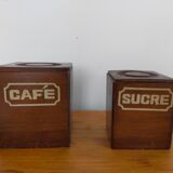 Vintage wooden spice boxes old coffee sugar