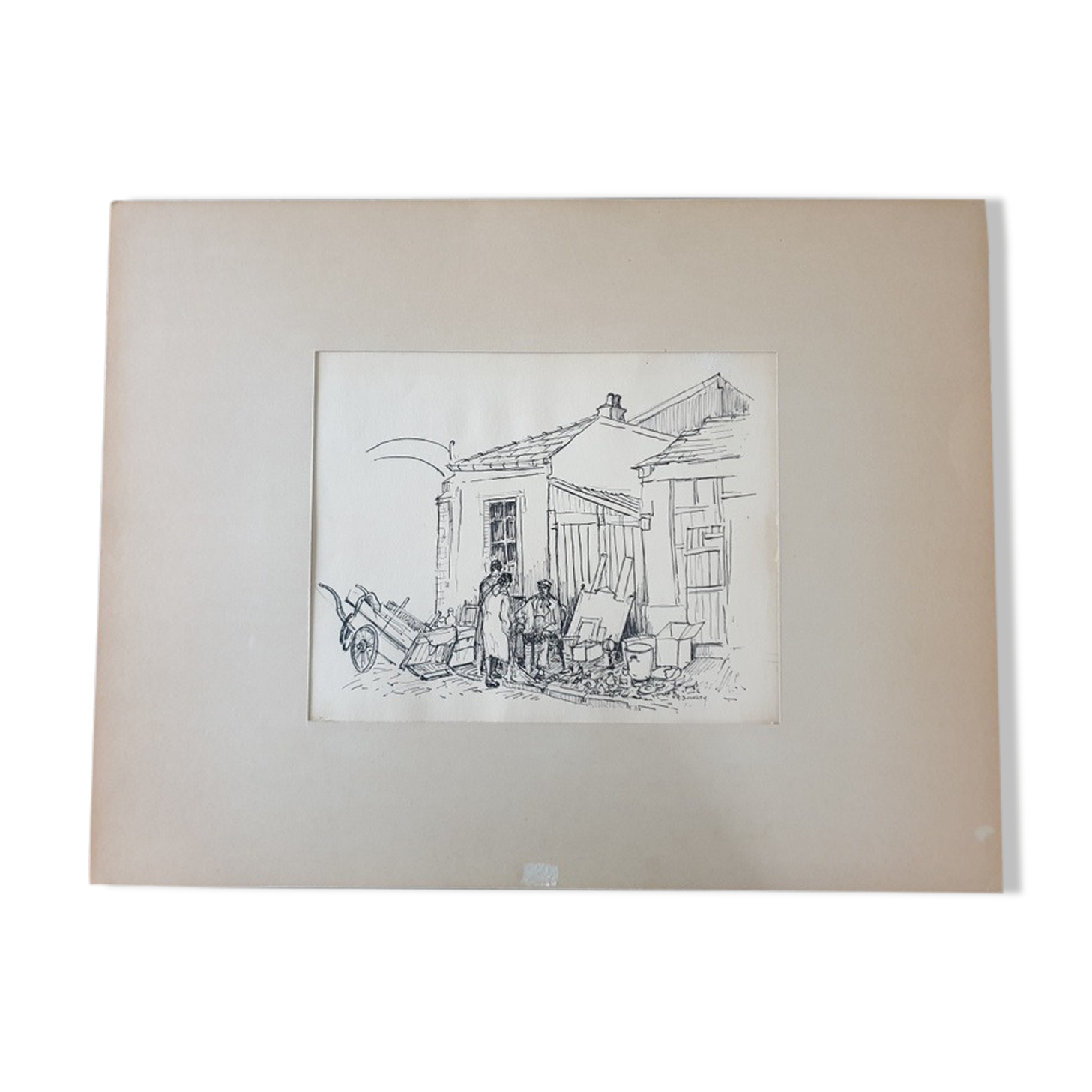 André Duculty (1912-1990) India ink on paper "The unpacking of the second-hand dealer" Signed below