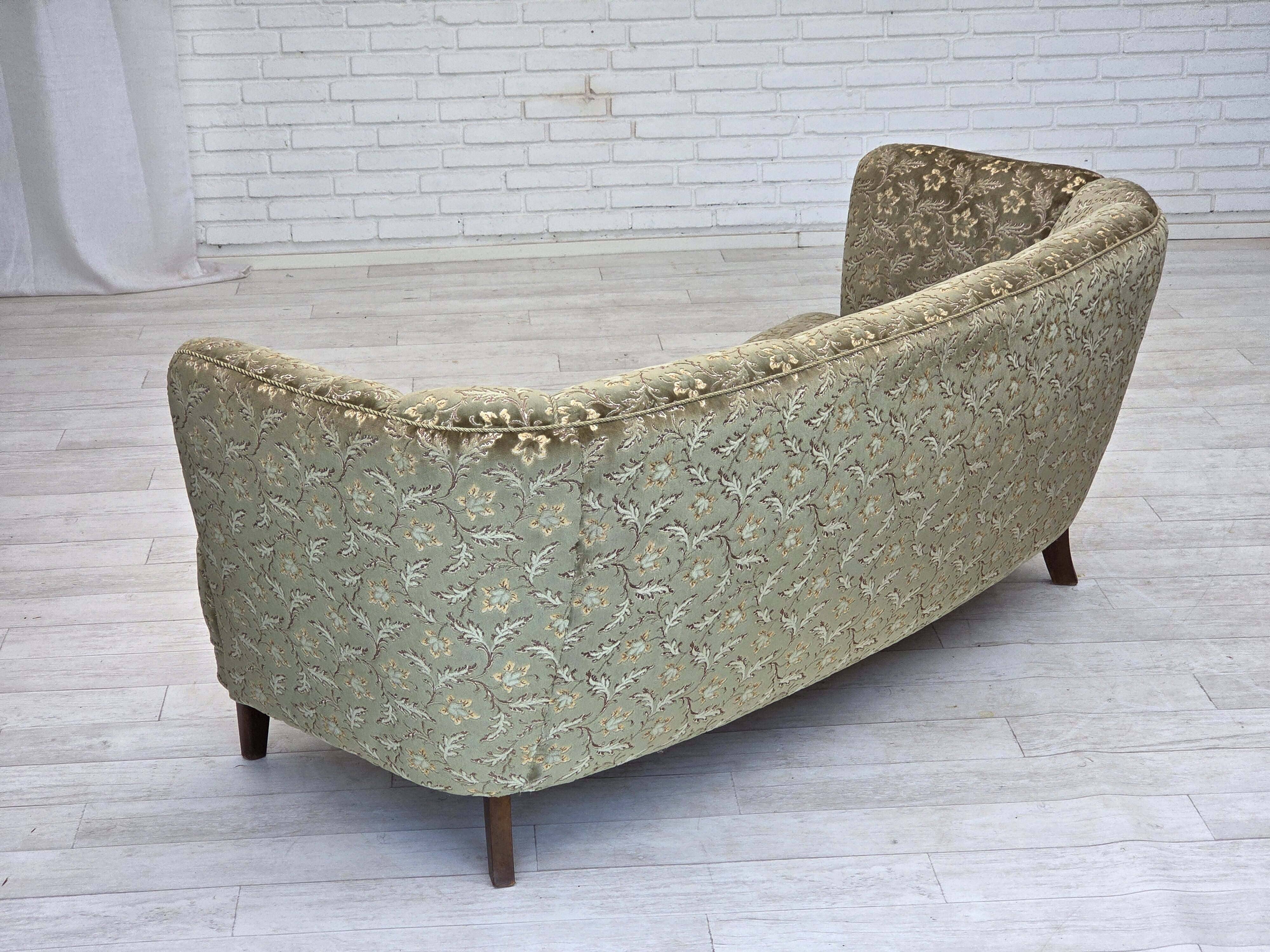 1960s, Danish 3-seater curved sofa, furniture velour, beech wood legs.