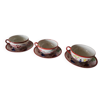 Lot de 3 tasses à thé avec coupelles décor japonisant