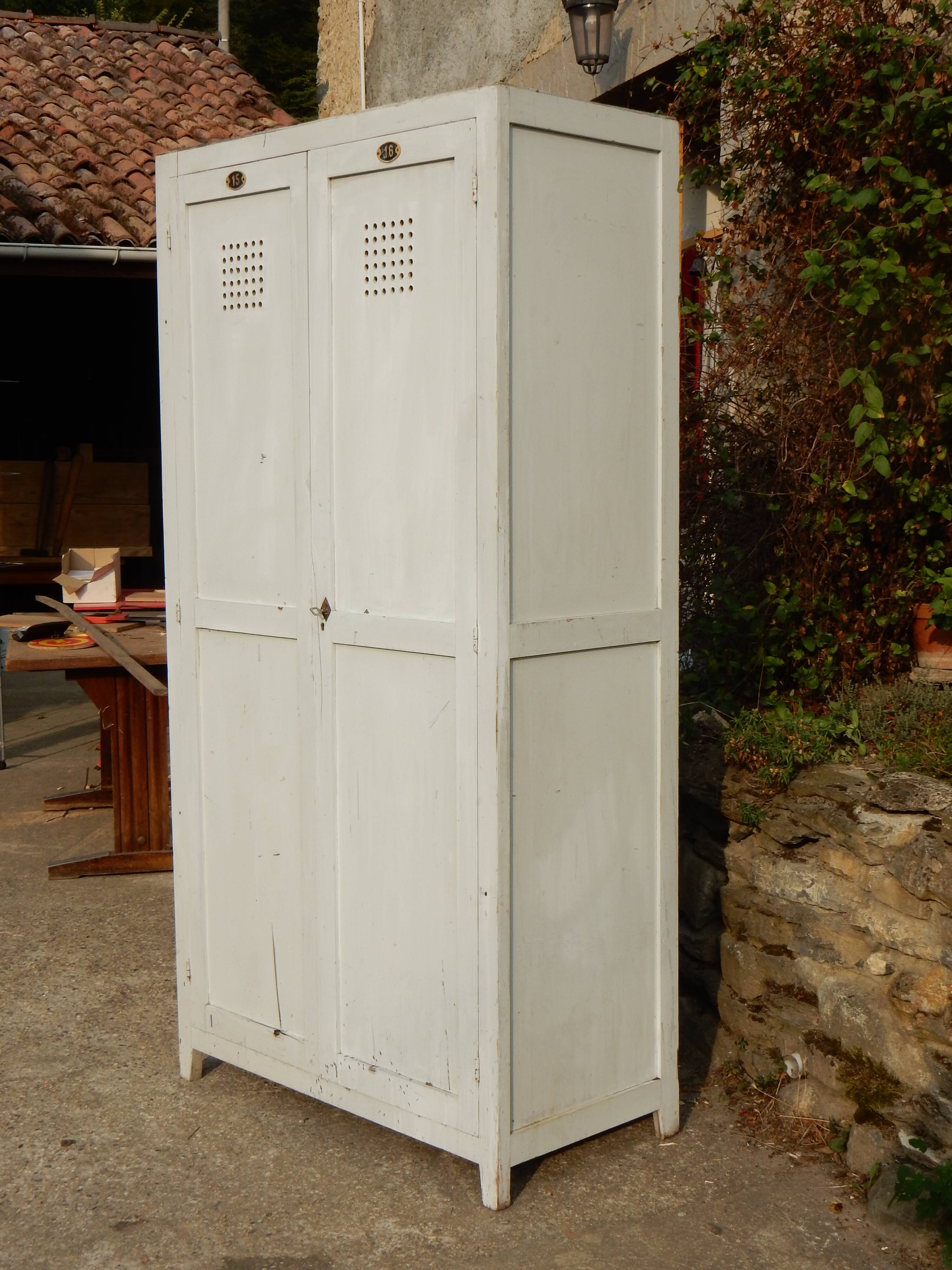 Wardrobe / Old industrial patinated wooden locker / Workshop furniture