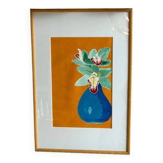 Gouache painting Green orchid in an antique frame