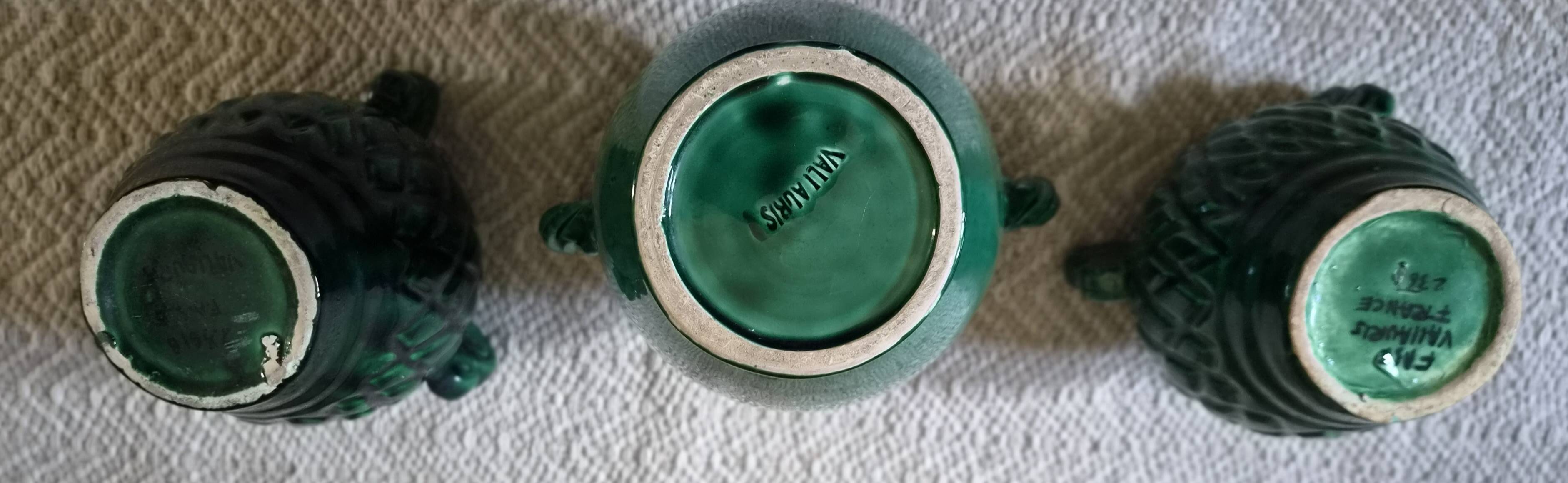 Vintage Vallauris trio of emerald green vases from the 50s/60s.