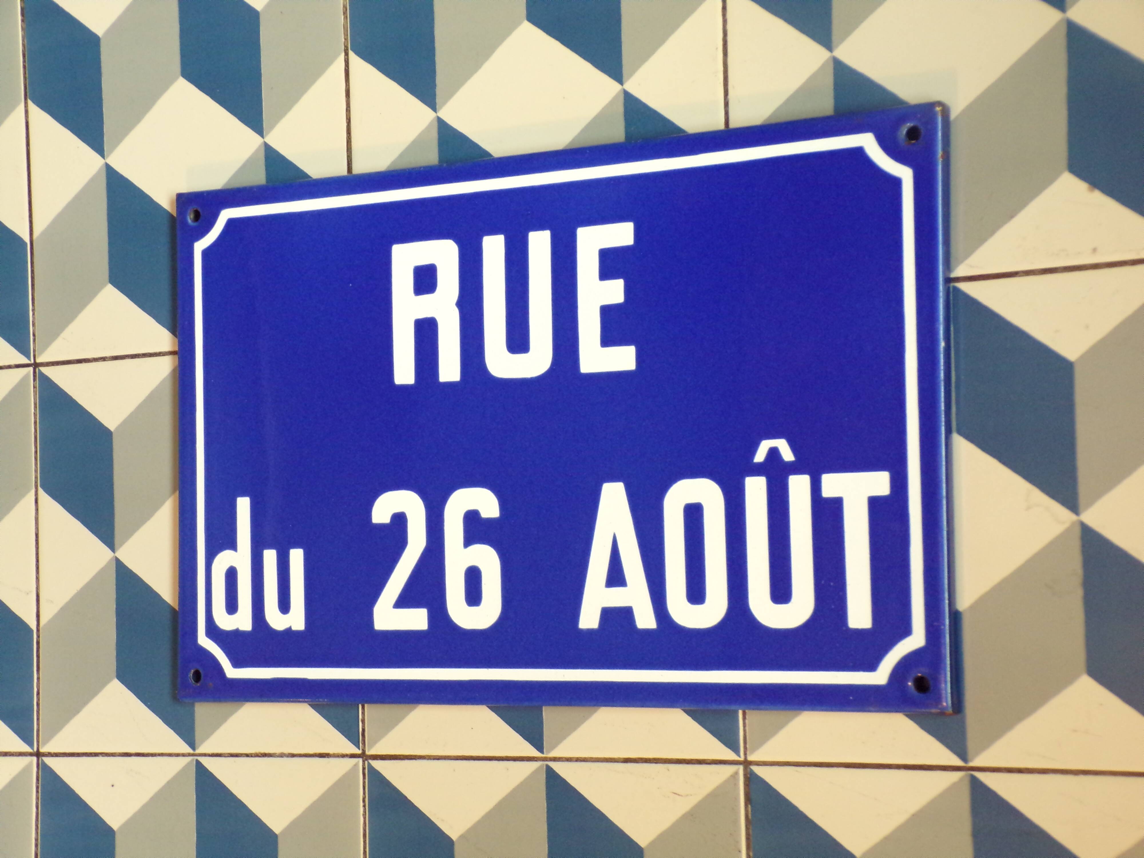 August 26 street sign in enameled sheet metal