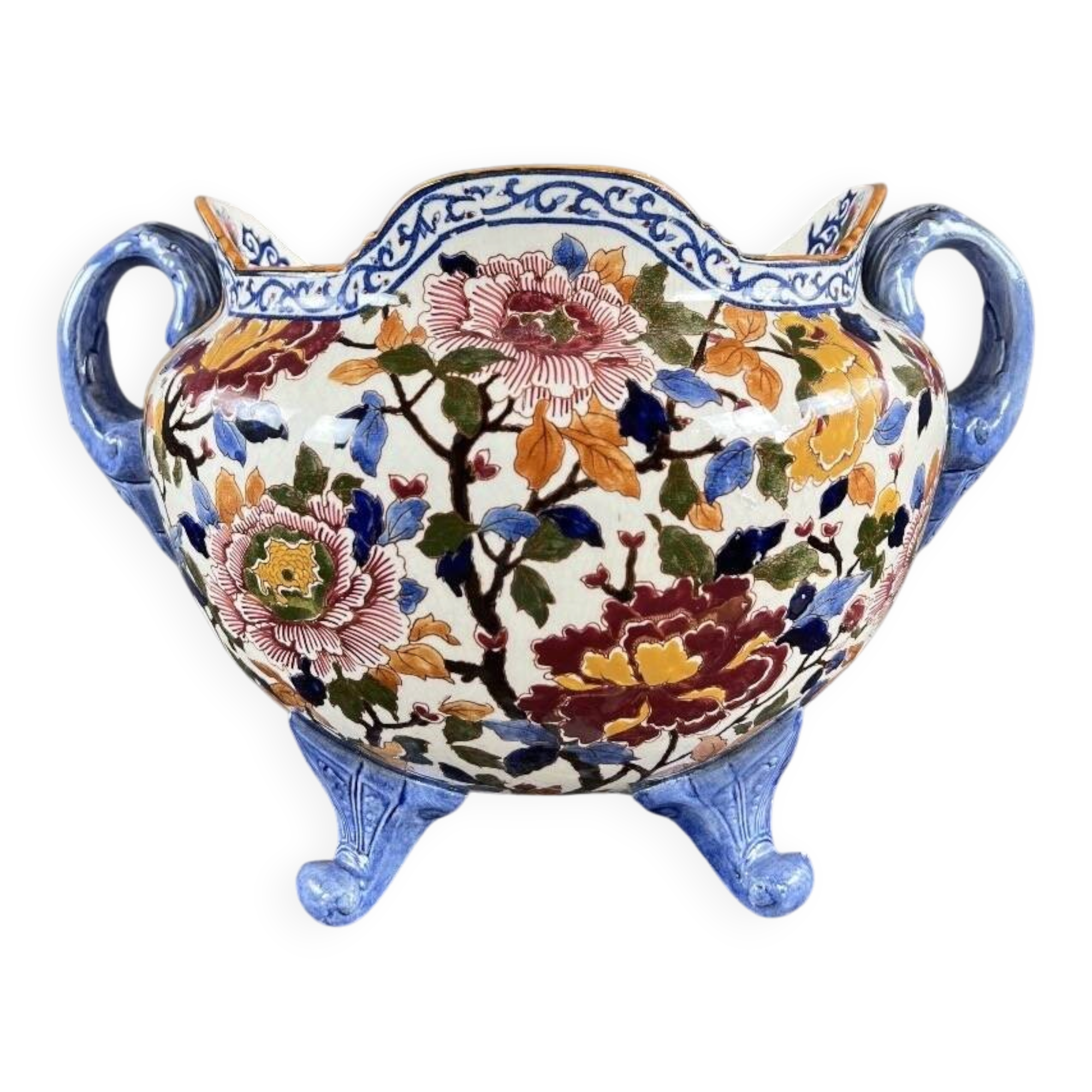 Large earthenware cache-pot from Gien with peony decoration, 20th century.