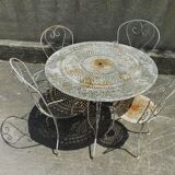 Iron garden furniture forge table, 2 armchairs and 2 chairs