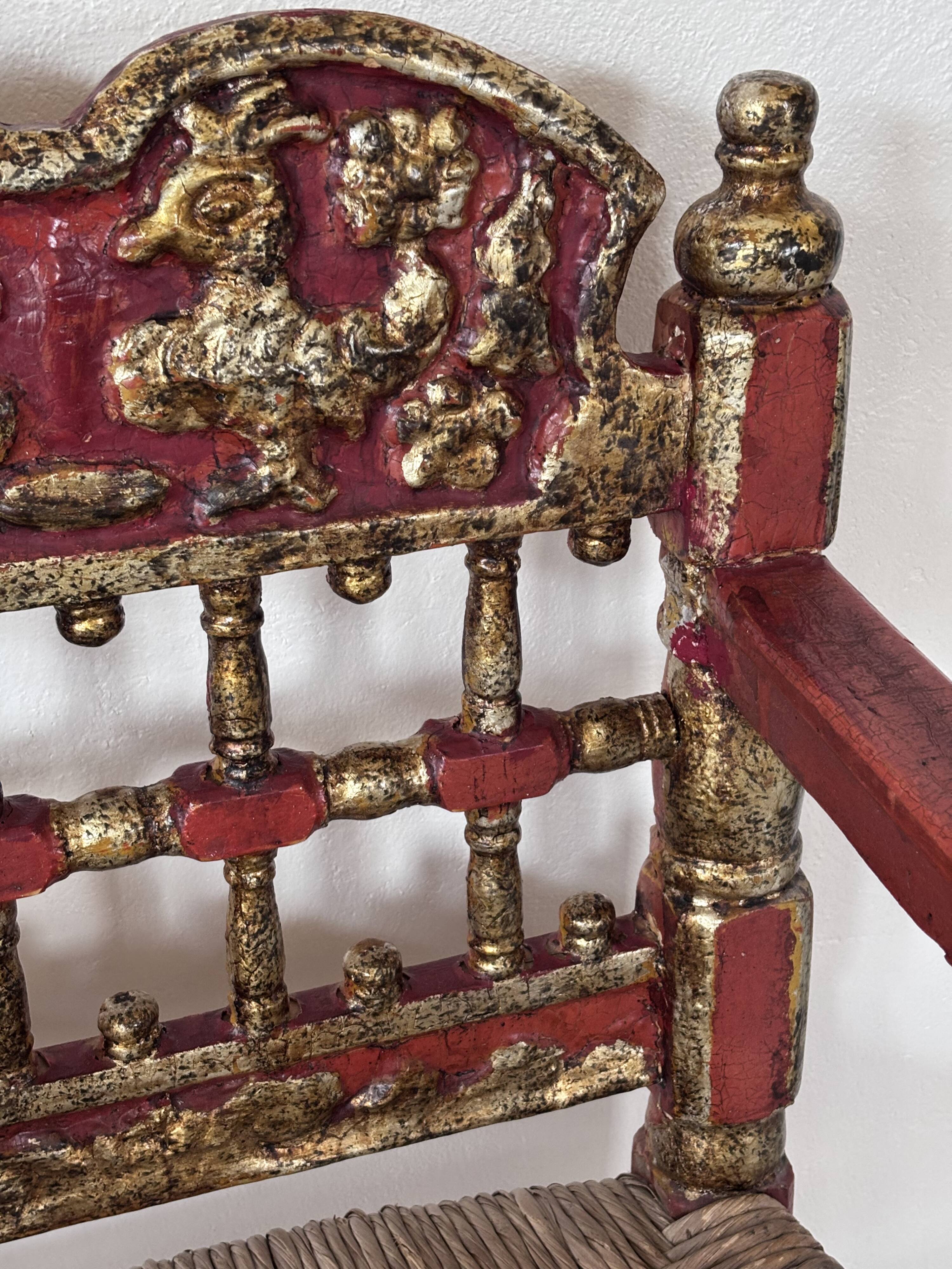 Vintage Spanish low chair in painted wood and straw (Majorca Andalusia)