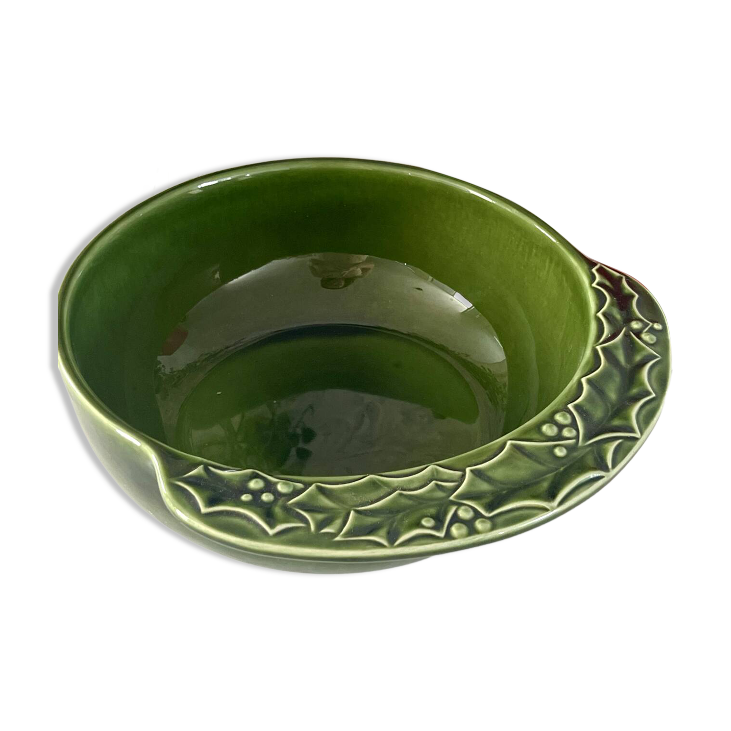Christmas serving bowl, French BCI holly ceramic bowl, green glazed