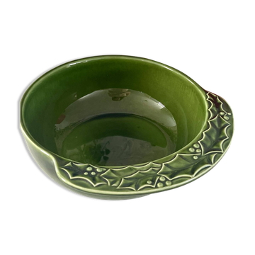 Christmas serving bowl, French BCI holly ceramic bowl, green glazed