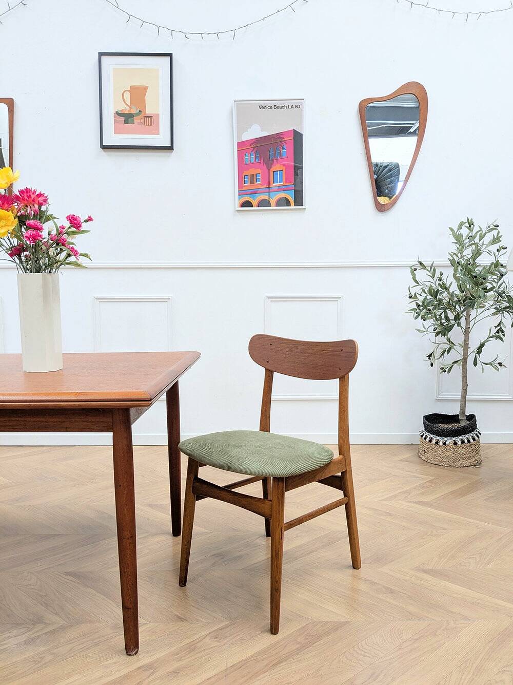 Chaise scandinave teck & tissu vert