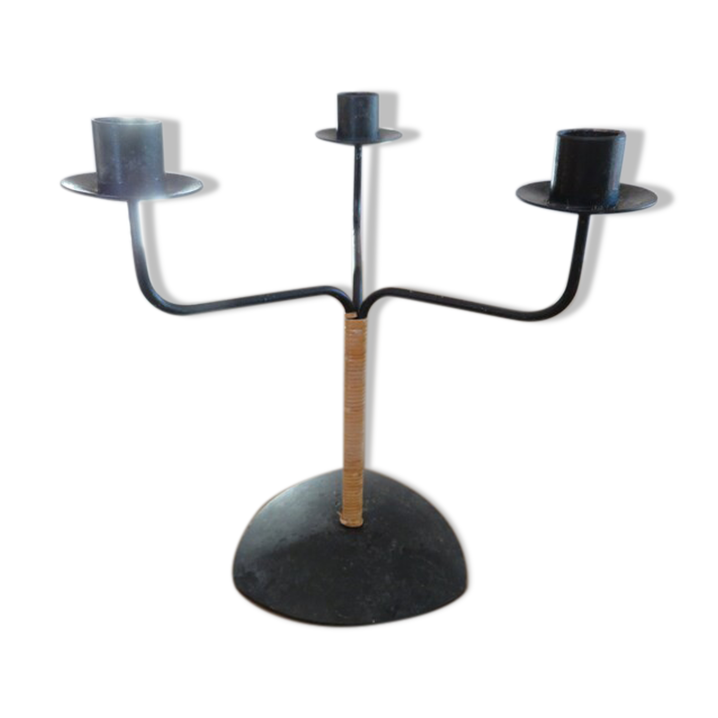 Scandinavian candle holder " LAURIDS LONBORG " metal and rattan 60s