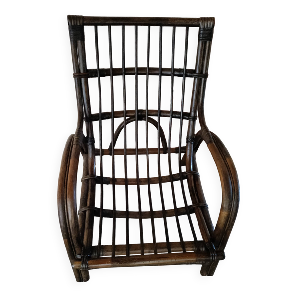 Fauteuil vintage en rotin marron foncé