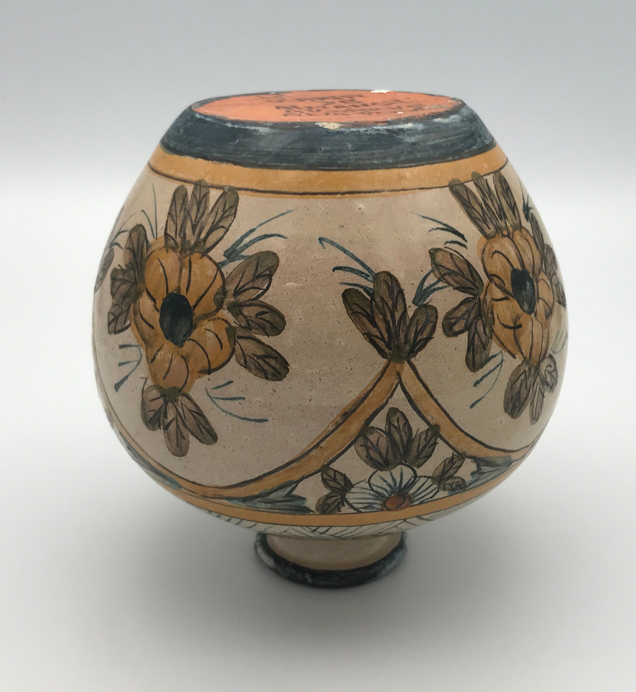 Vintage vase shaped terracotta ball with handheld paint decoration polychrome signed