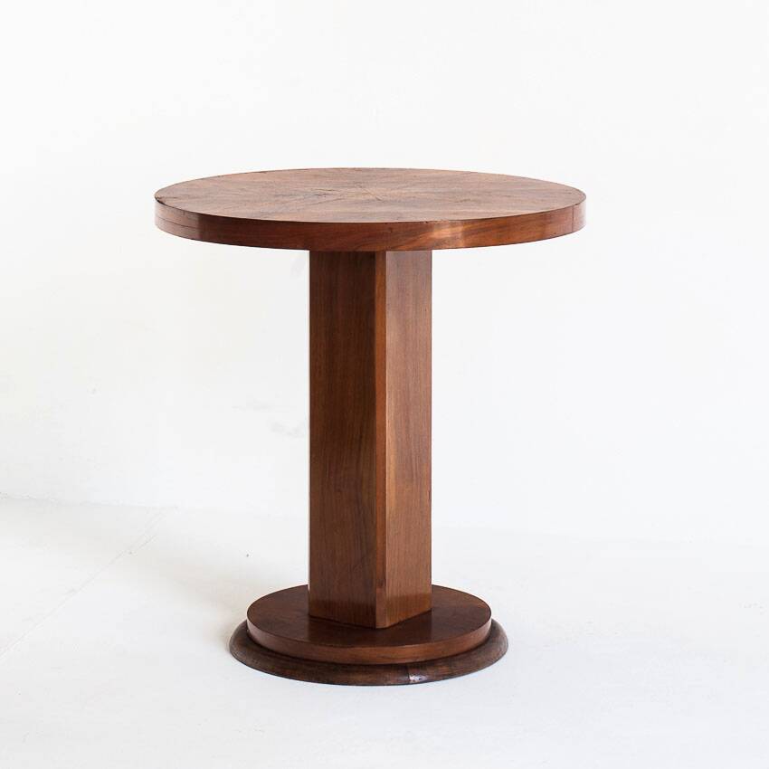 Art Deco style pedestal table in walnut wood veneer. France, 40's