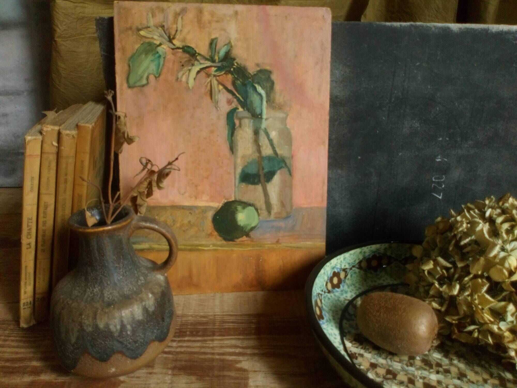 Oil painting on cardboard honeysuckle branch
