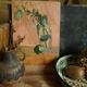Oil painting on cardboard honeysuckle branch