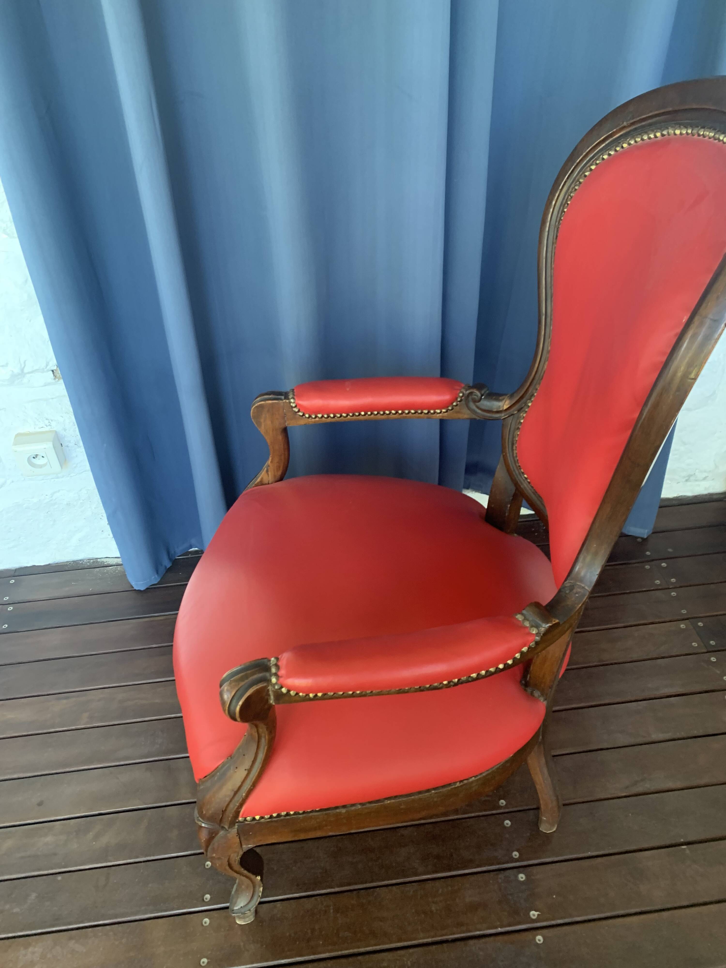 Antique solid wood armchair – Louis XV style – red upholstery, 19th century