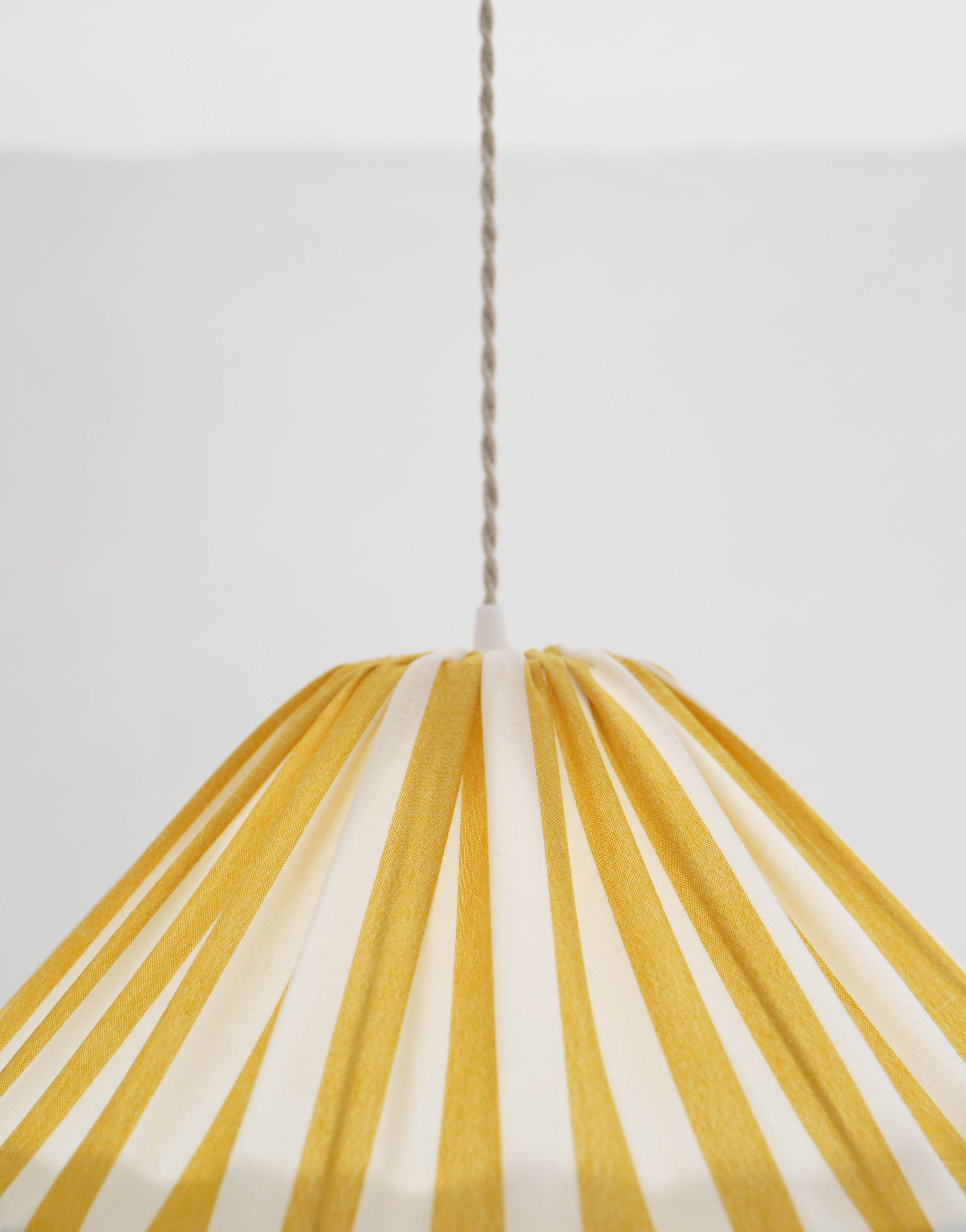 "Malala striped off-white and lemon yellow" conical shaped striped pendant light