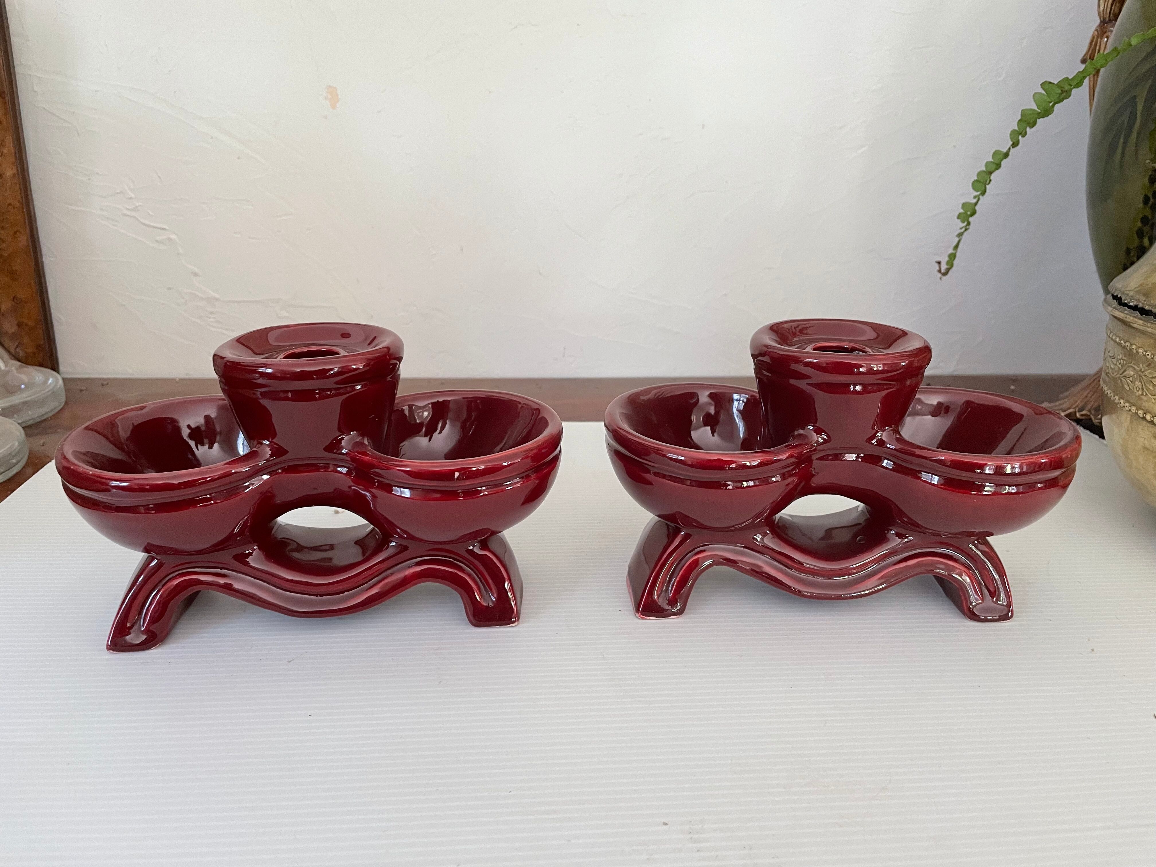 Pair of vintage glazed ceramic candle holders