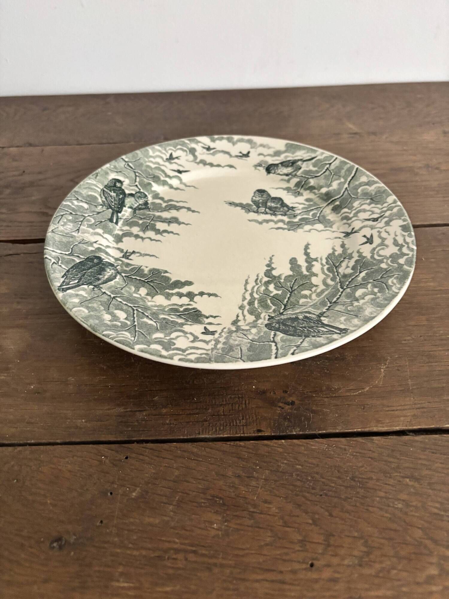Compotier ancien Sarreguemines – Modèle Neige – Décor oiseaux vert