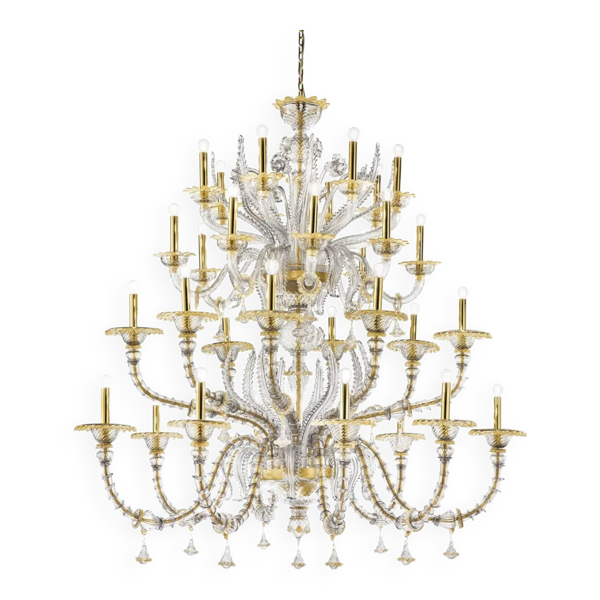Elegant Huge Ca’ Rezzonico Murano Glass Chandelier With Gold Accents