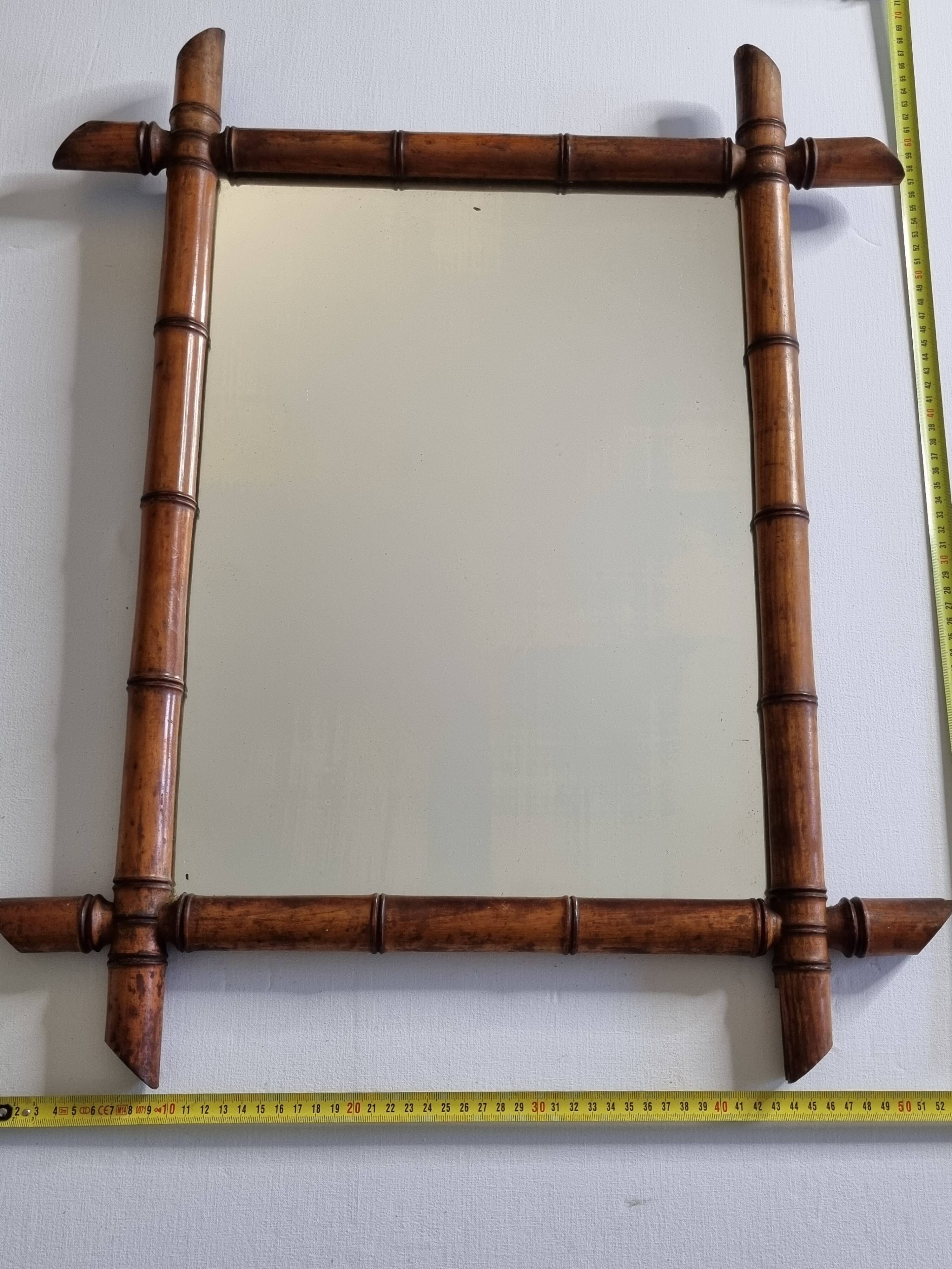 Large antique turned wood mirror in bamboo style, late 19th century, 58 x 45 cm