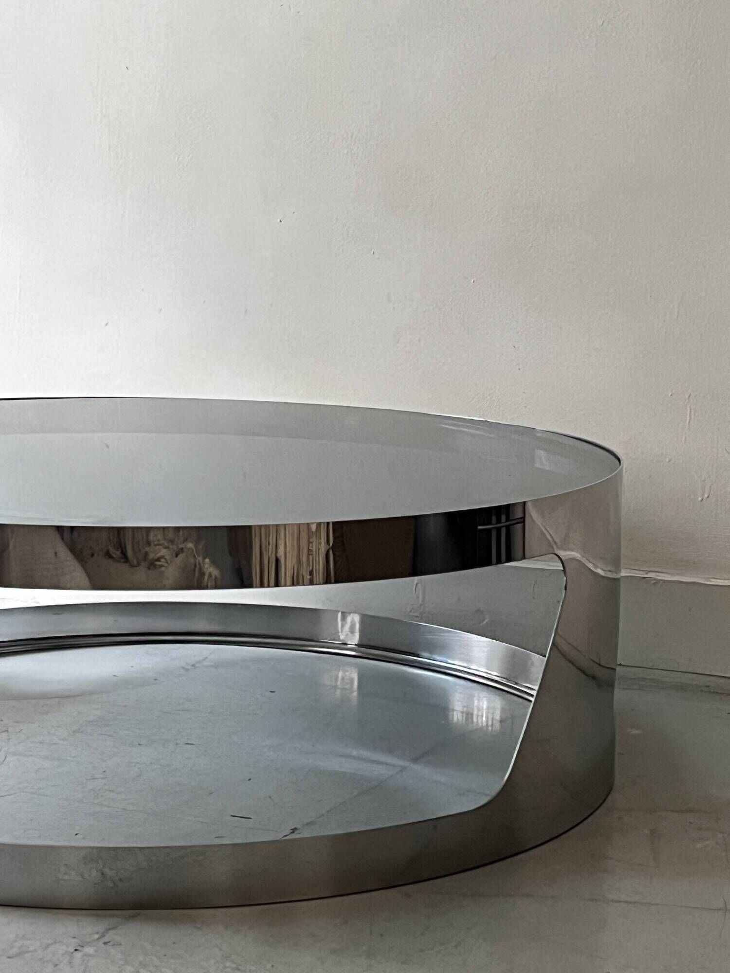Italian round coffee table in chromed metal & smoked glass, 1970s design