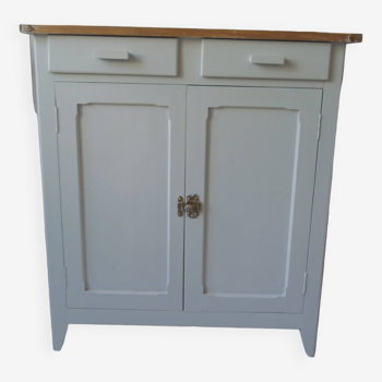 Vintage Parisian sideboard, 2 doors, 2 drawers, 1 shelf, reenchanted in pearl gray, wooden top.