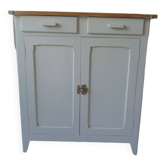 Vintage Parisian sideboard, 2 doors, 2 drawers, 1 shelf, reenchanted in pearl gray, wooden top.