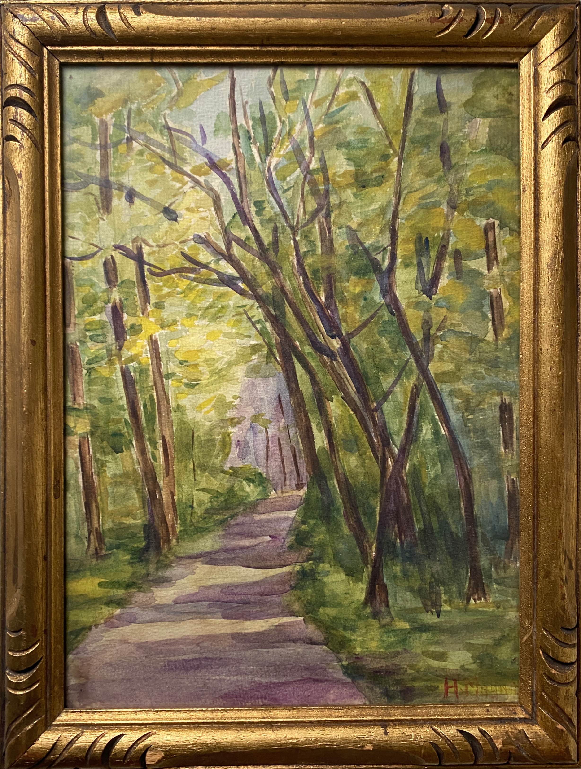 Watercolor painting "Path in the woods" signed + frame early twentieth century
