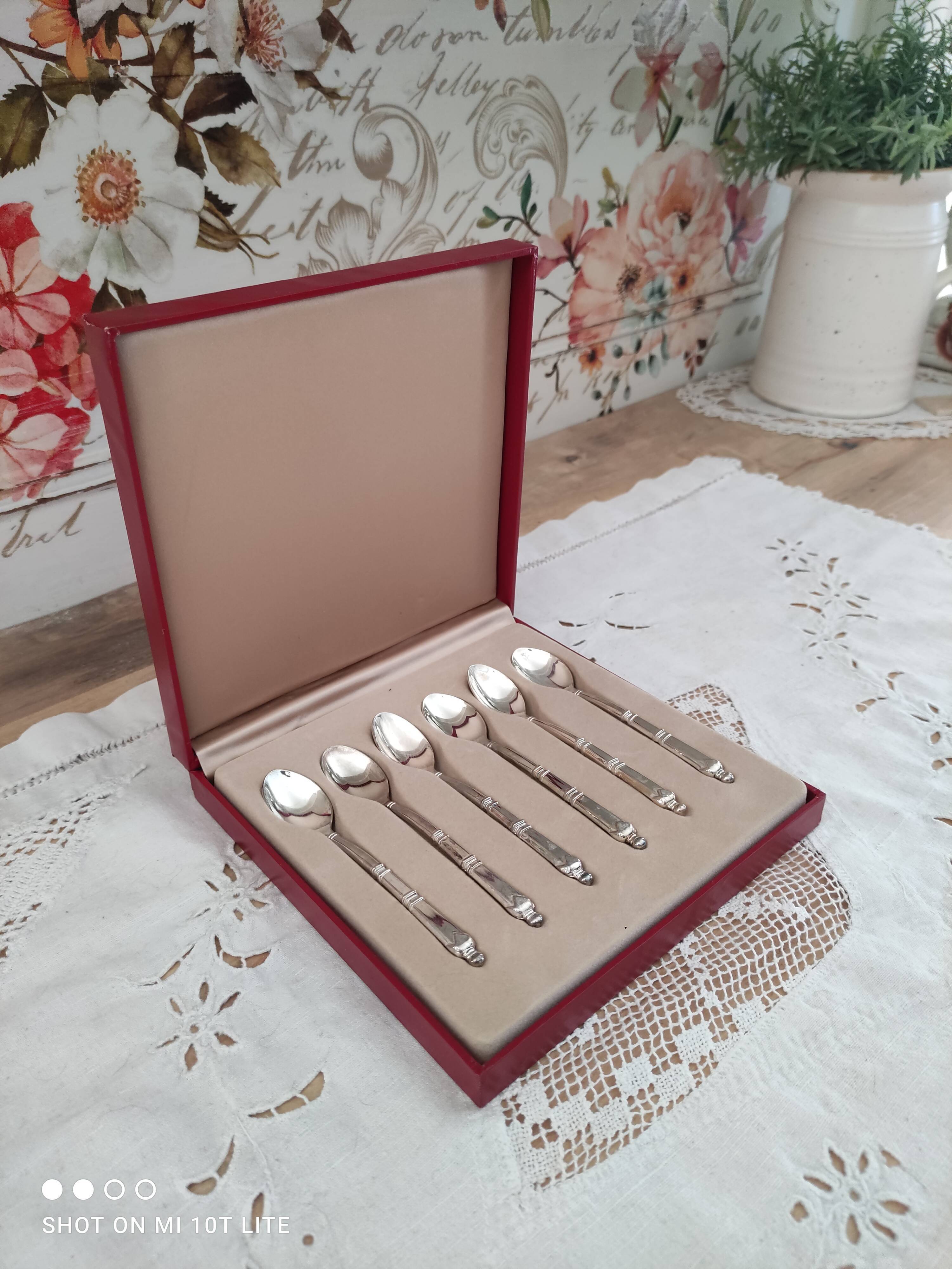 Lot de 6 cuillères à café en métal couleur argent dans leur coffret d'origine
