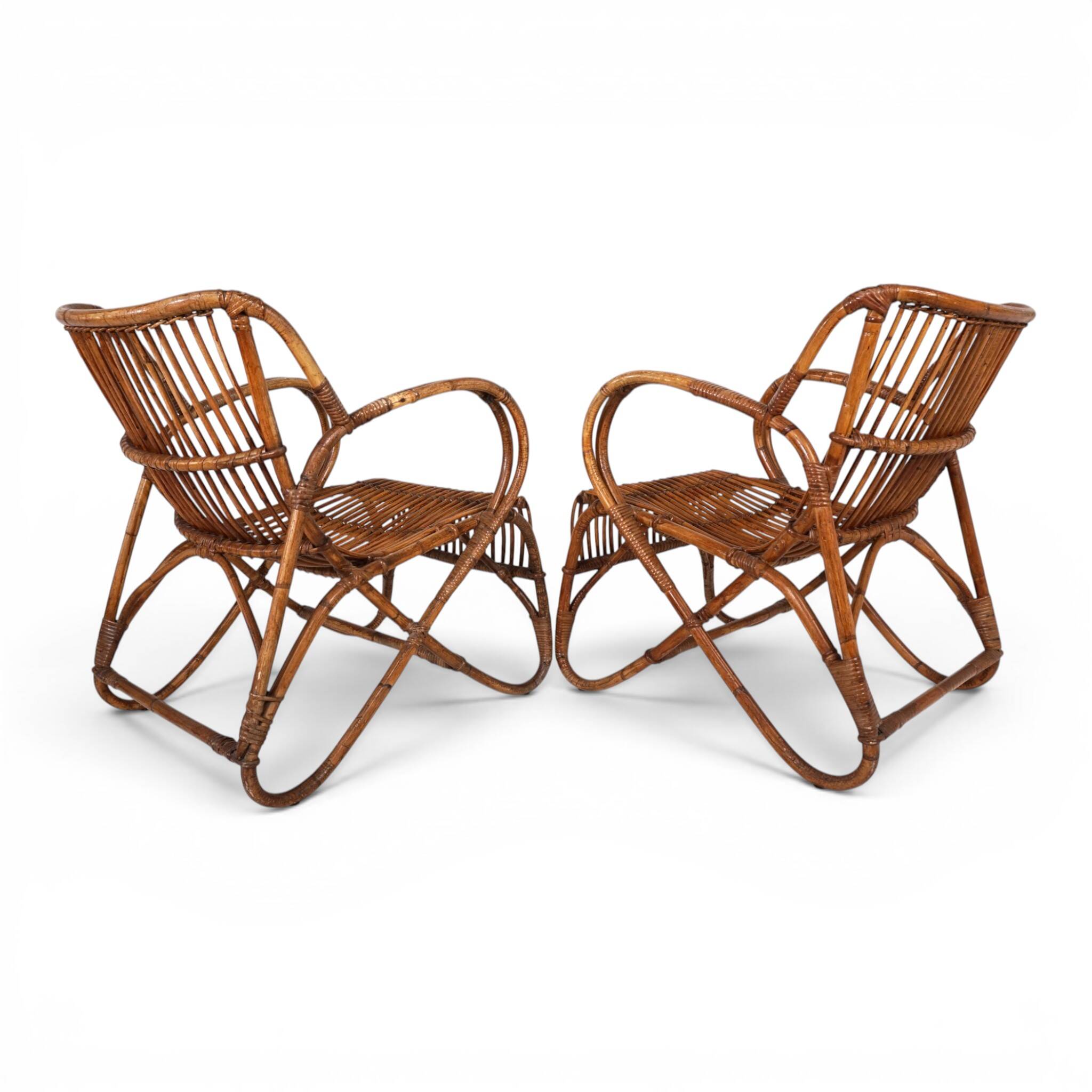 French Pair Vintage Rattan Bamboo Lounge Chairs, 1960