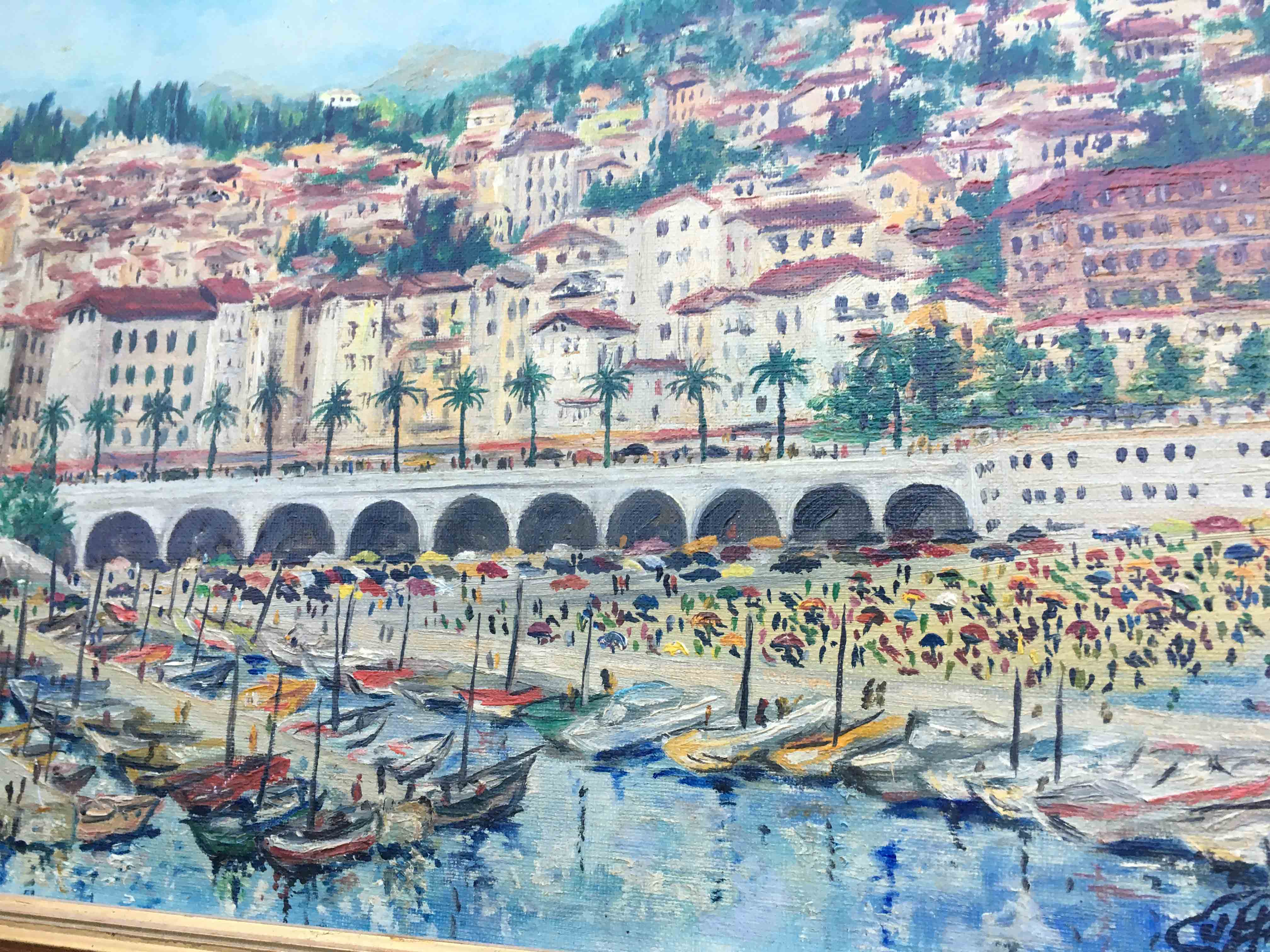 Painting port de Menton by Jacques Cuffaut, mid-twentieth century with frame