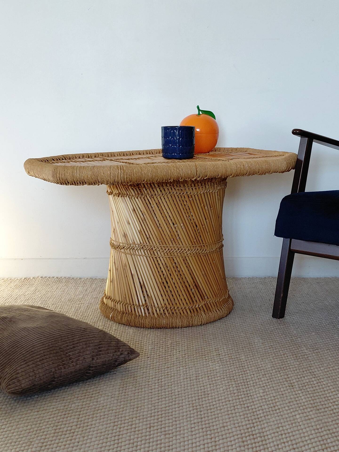 Vintage coffee table with braided cord in Audoux Minet bamboo style/1970s