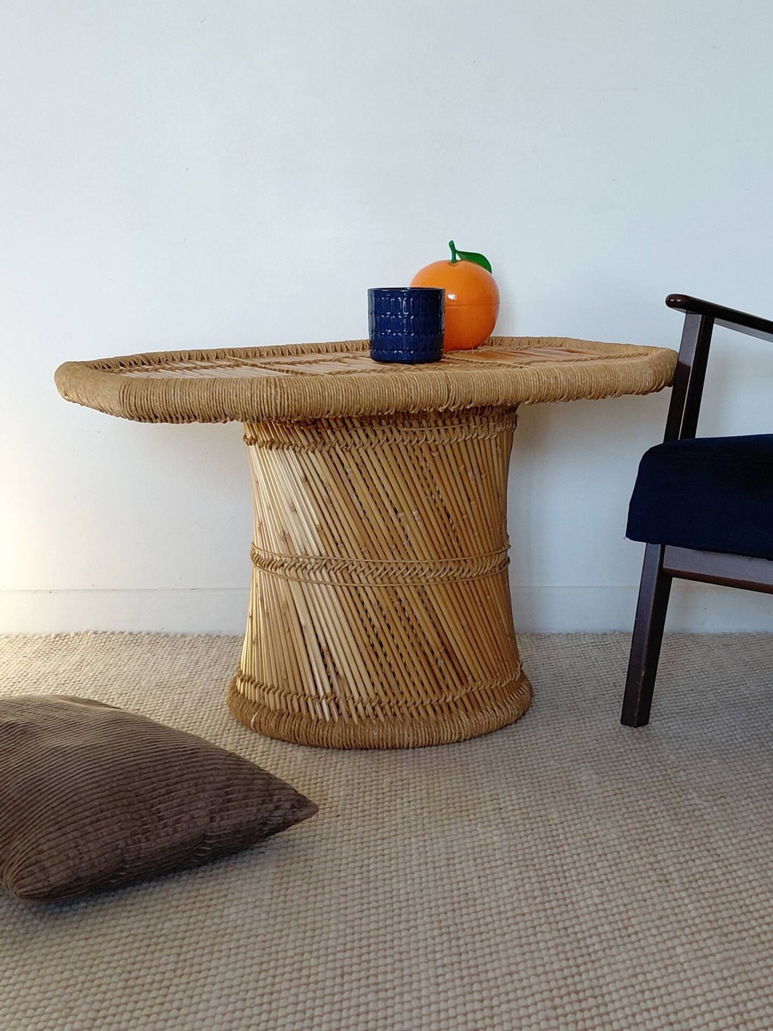 Vintage coffee table with woven rope in bamboo style Audoux Minet/1970s
