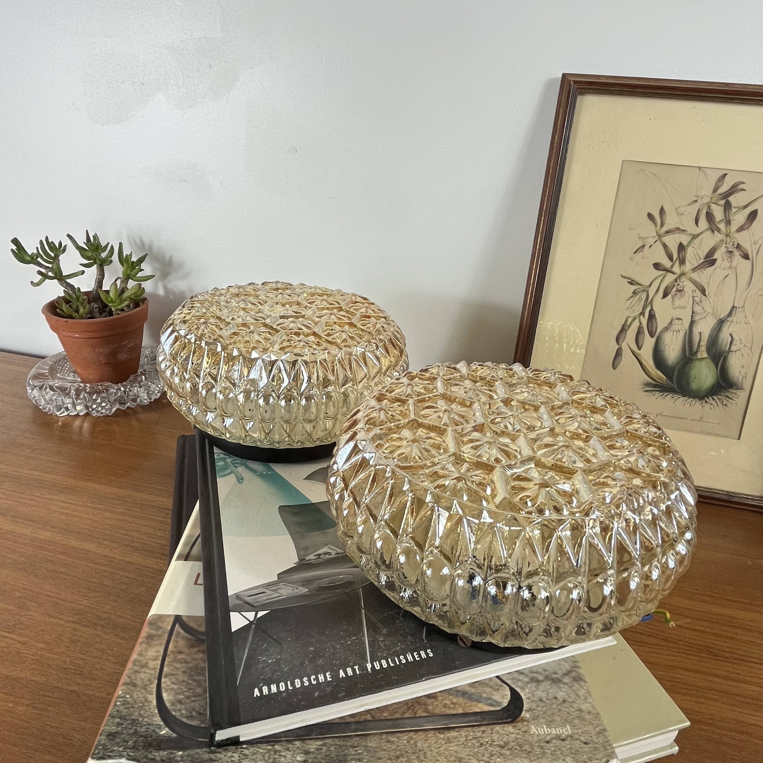 Pair of amber glass ceiling sconces with small vintage flowers.