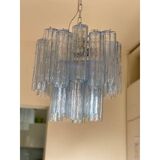 Contemporary sky-blue “tronchi” murano glass chandelier in venini style