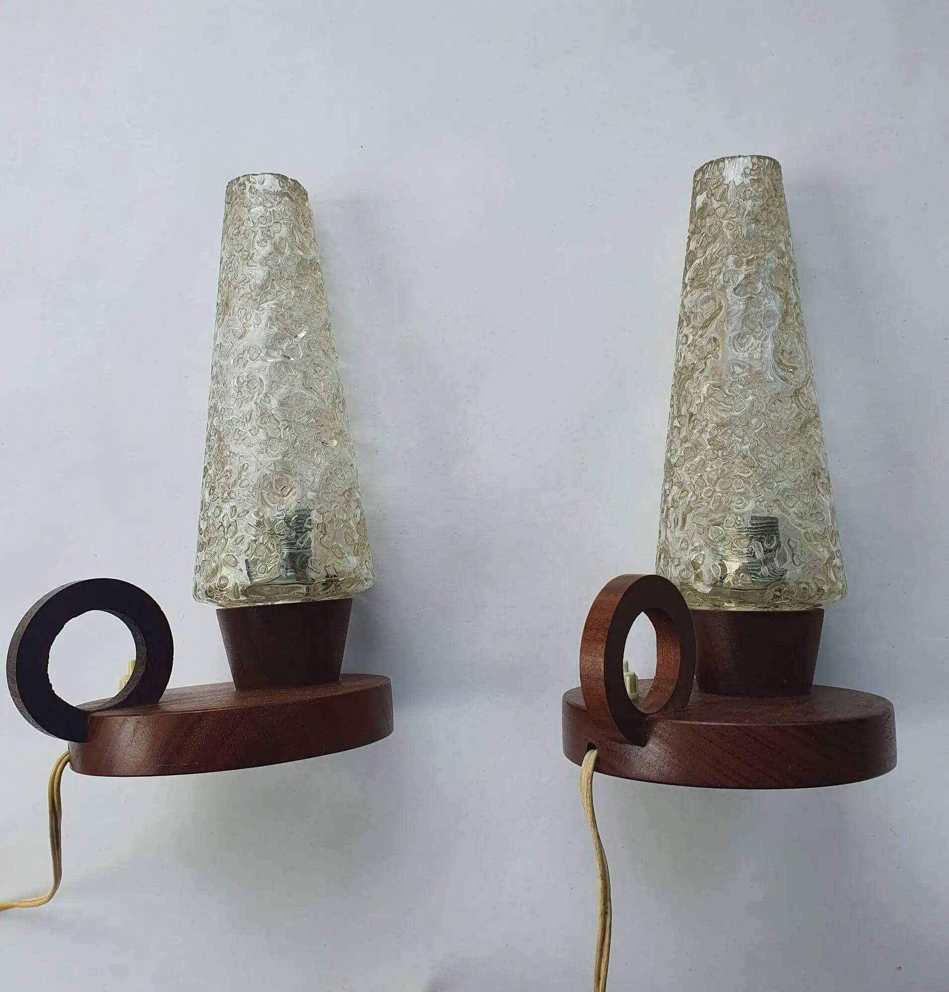 Pair of antique glass and wood table lamps
