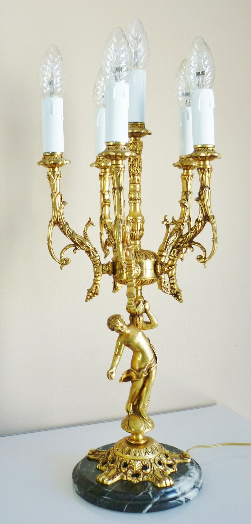 Candelabra, 6-pointed candlestick, marble, bronze, putti decoration, putto