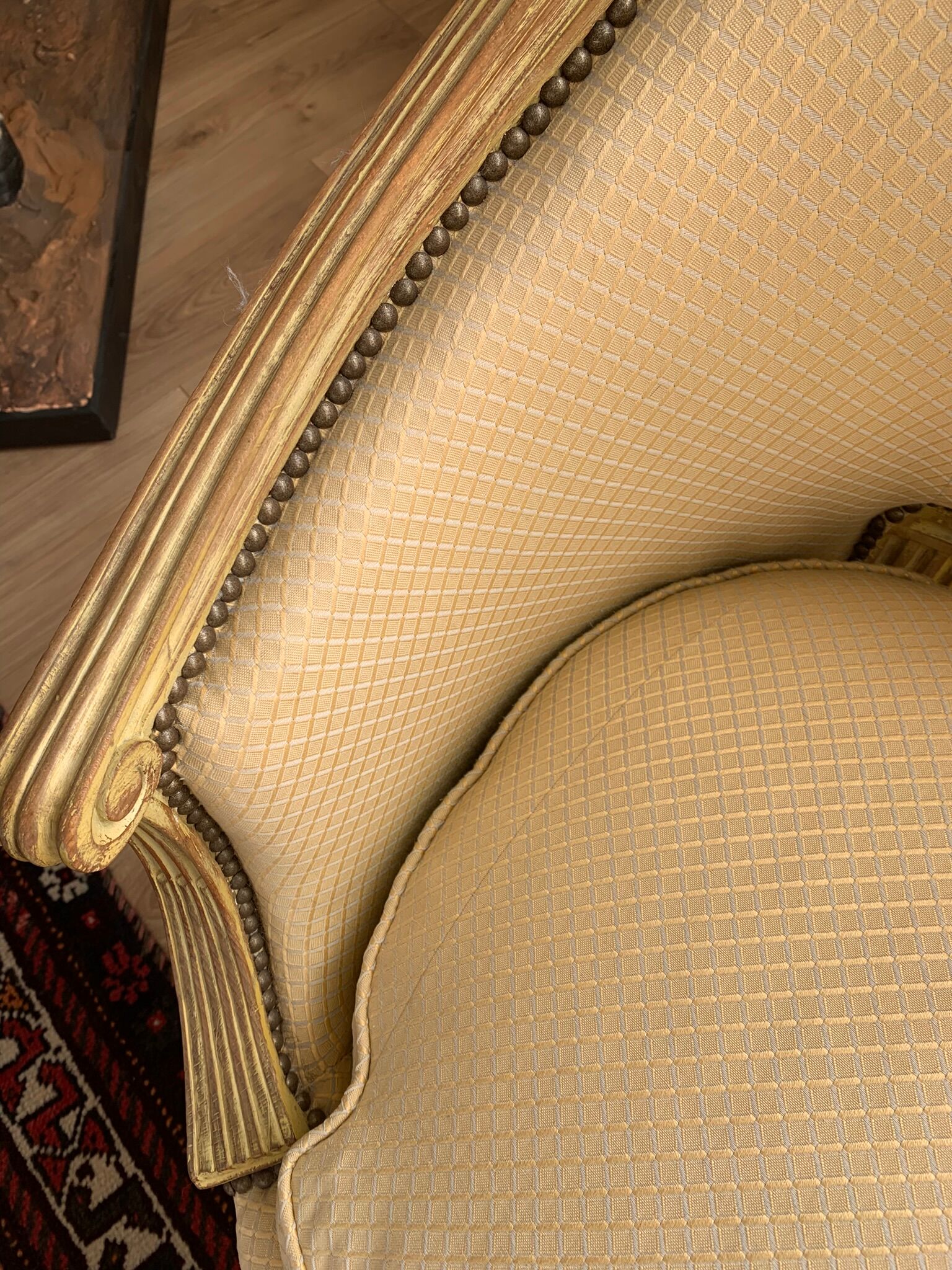 Louis XVI style patinated wooden basket sofa. Pierre Frey fabric. 19th century