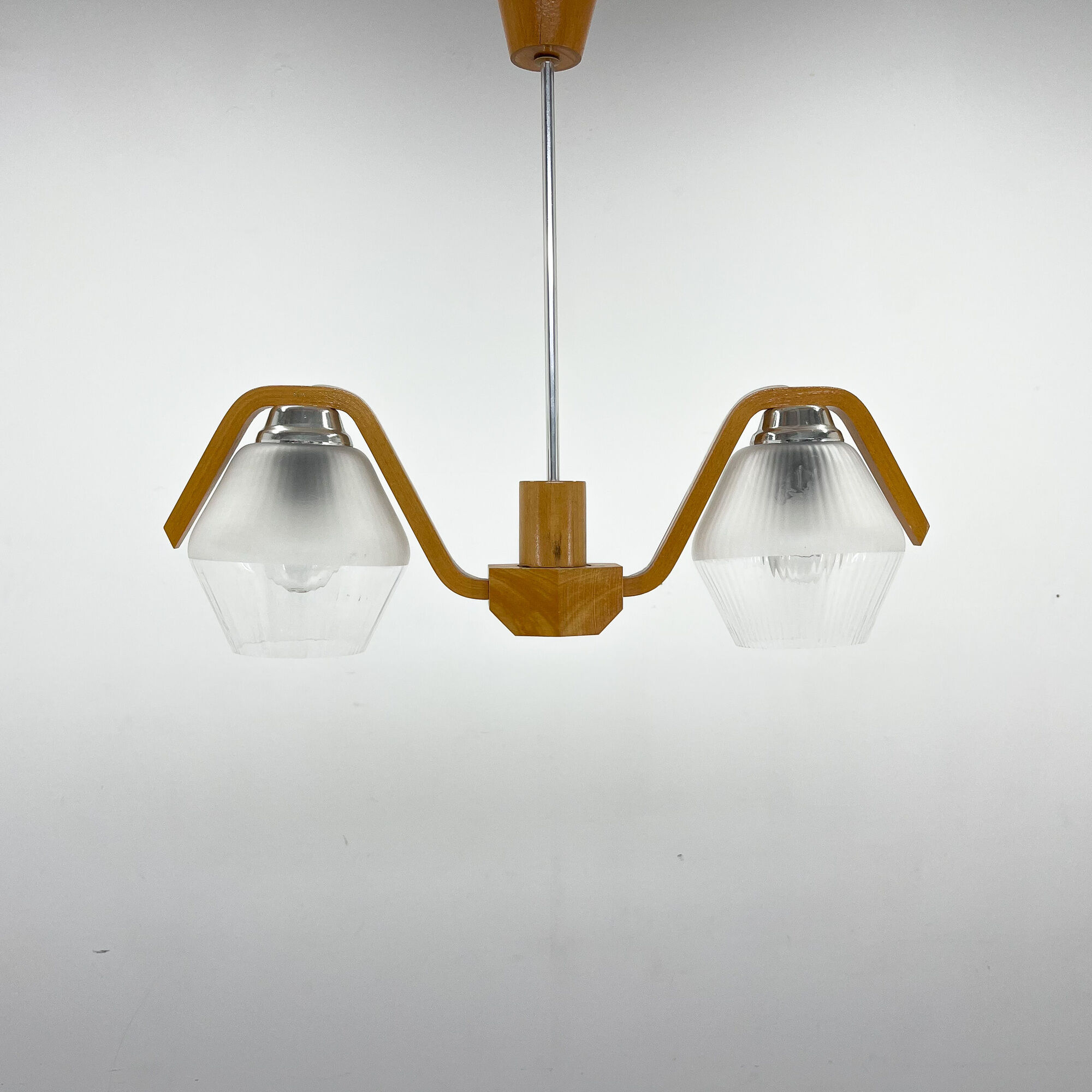 Mid-century Wood & Glass Chandelier by Dřevo Humpolec, 1960's