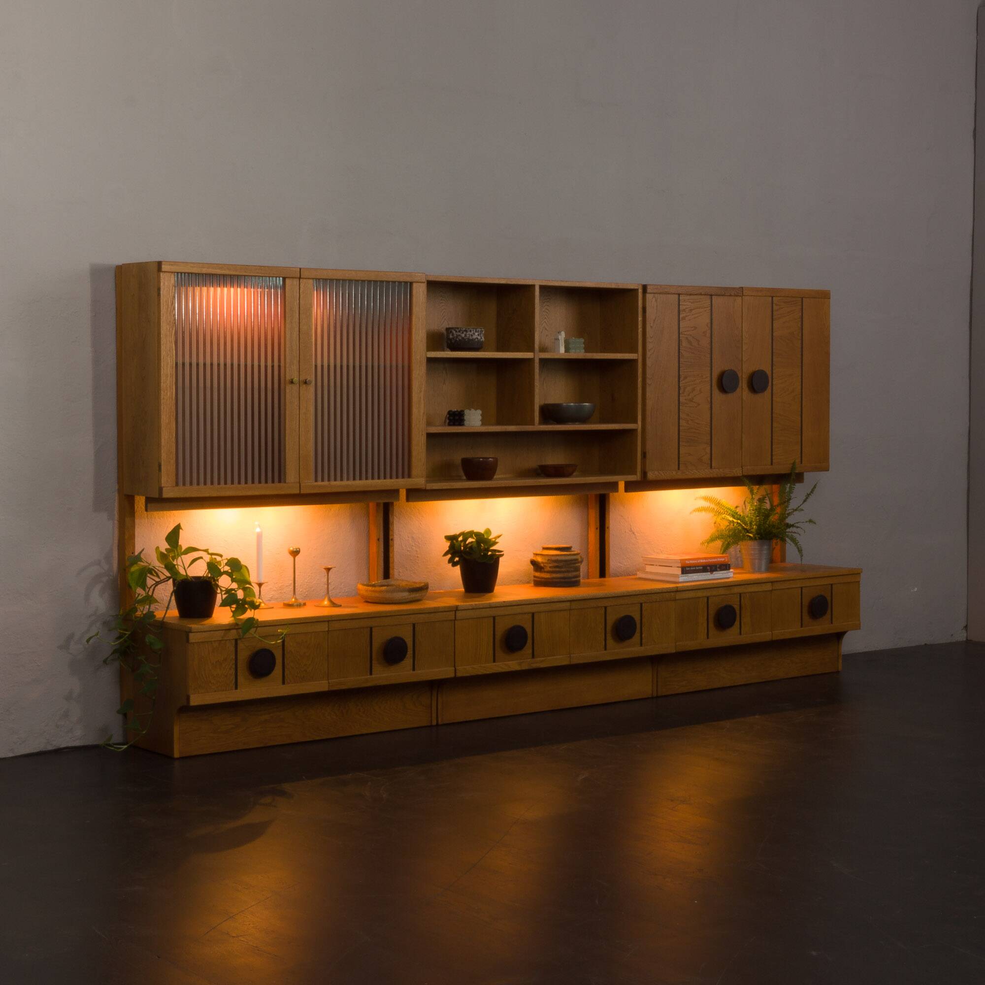 Scandinavian mid century oak wall unit with backlit, Denmark 1970s