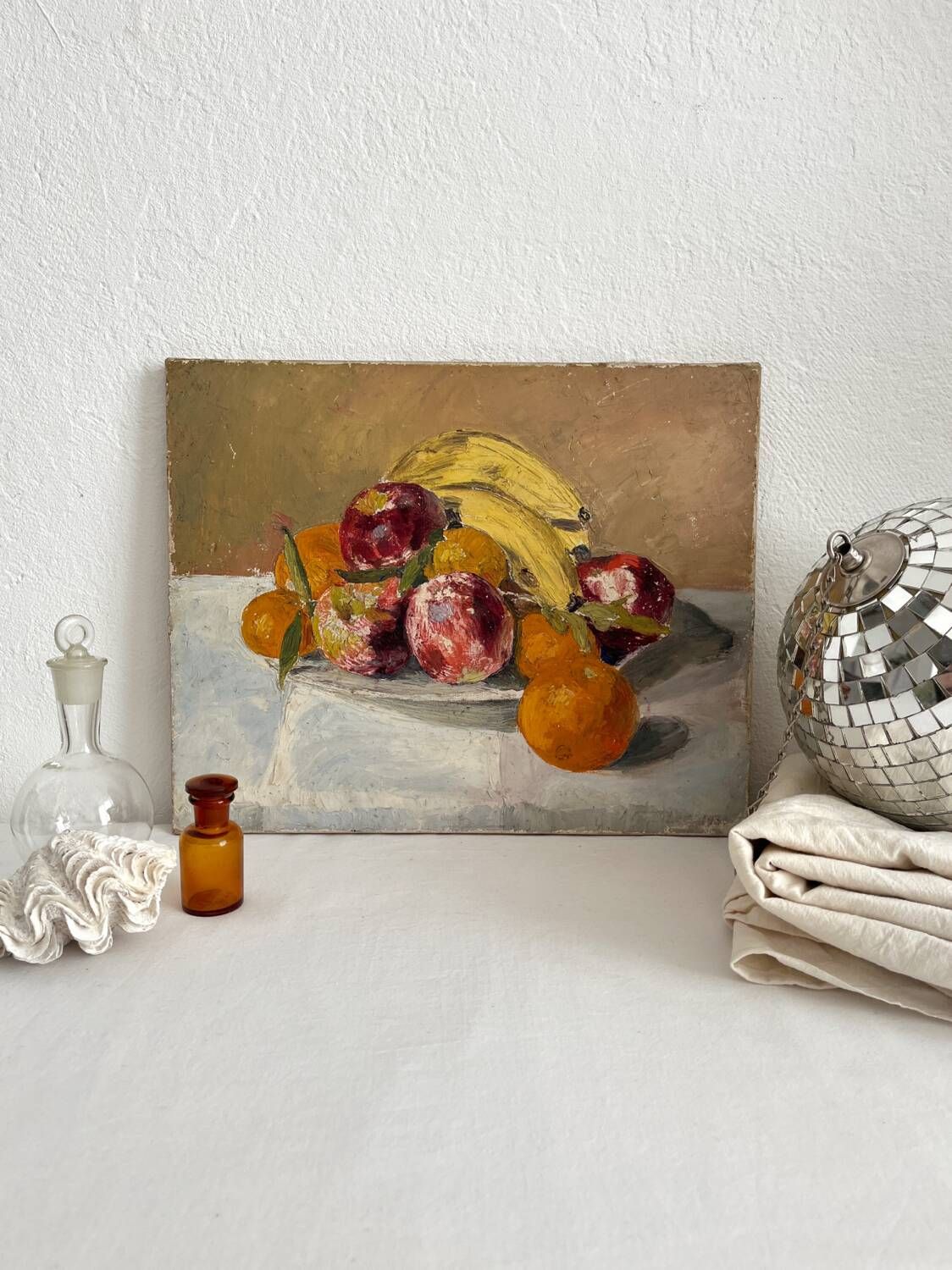 Old oil painting on canvas still life fruits 1930s