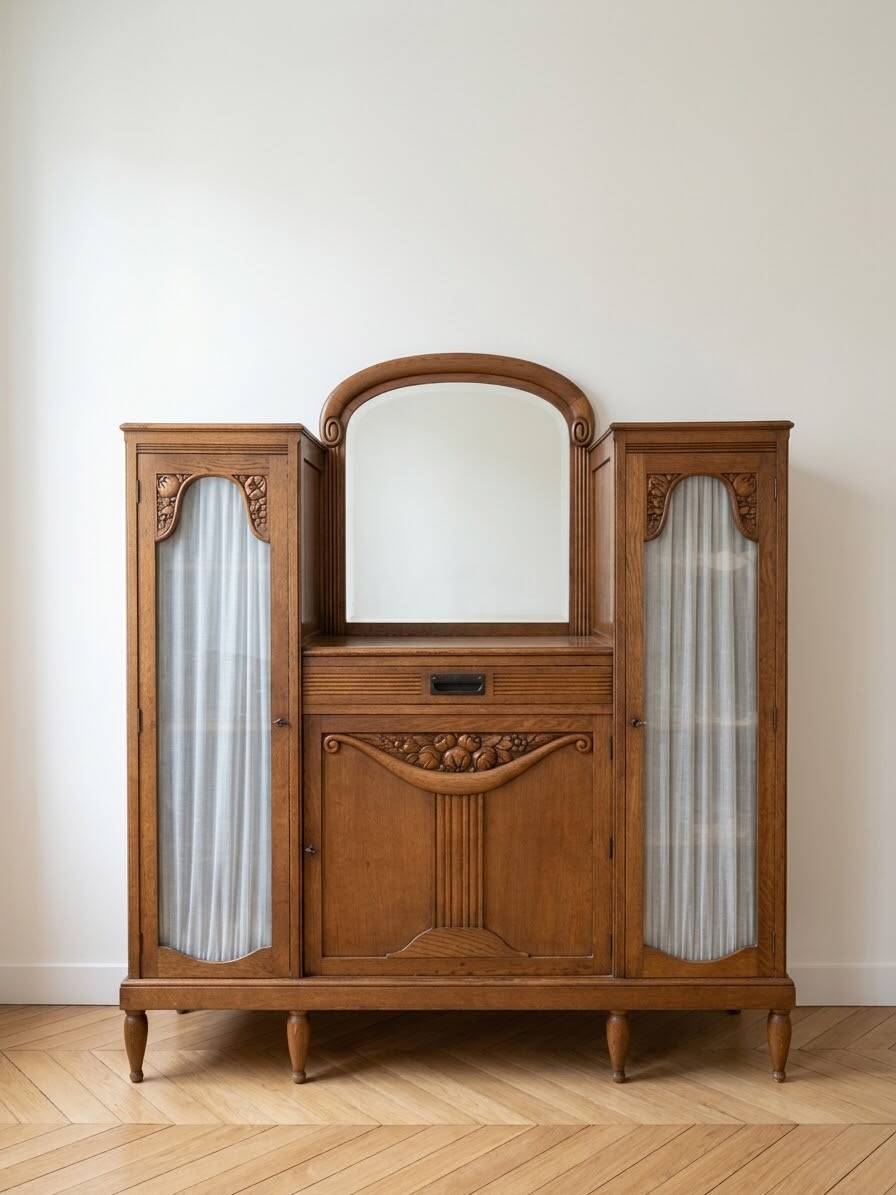 Art Deco sideboard in solid wood with central mirror.