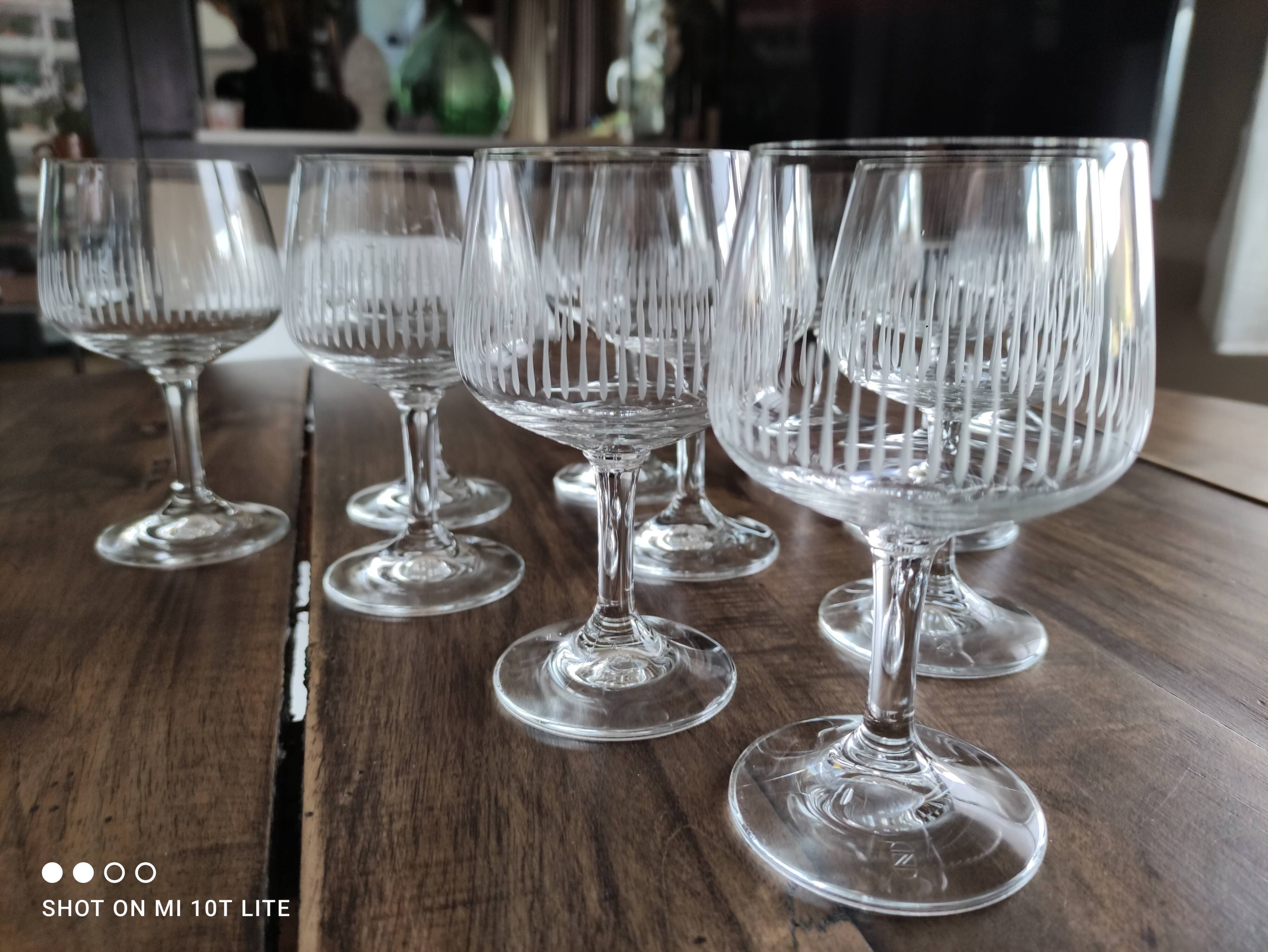 Set of 11 old wine glasses shaped chiseled crystal balloons