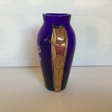 Ancien vase en verre bleu et or motif de fleurs