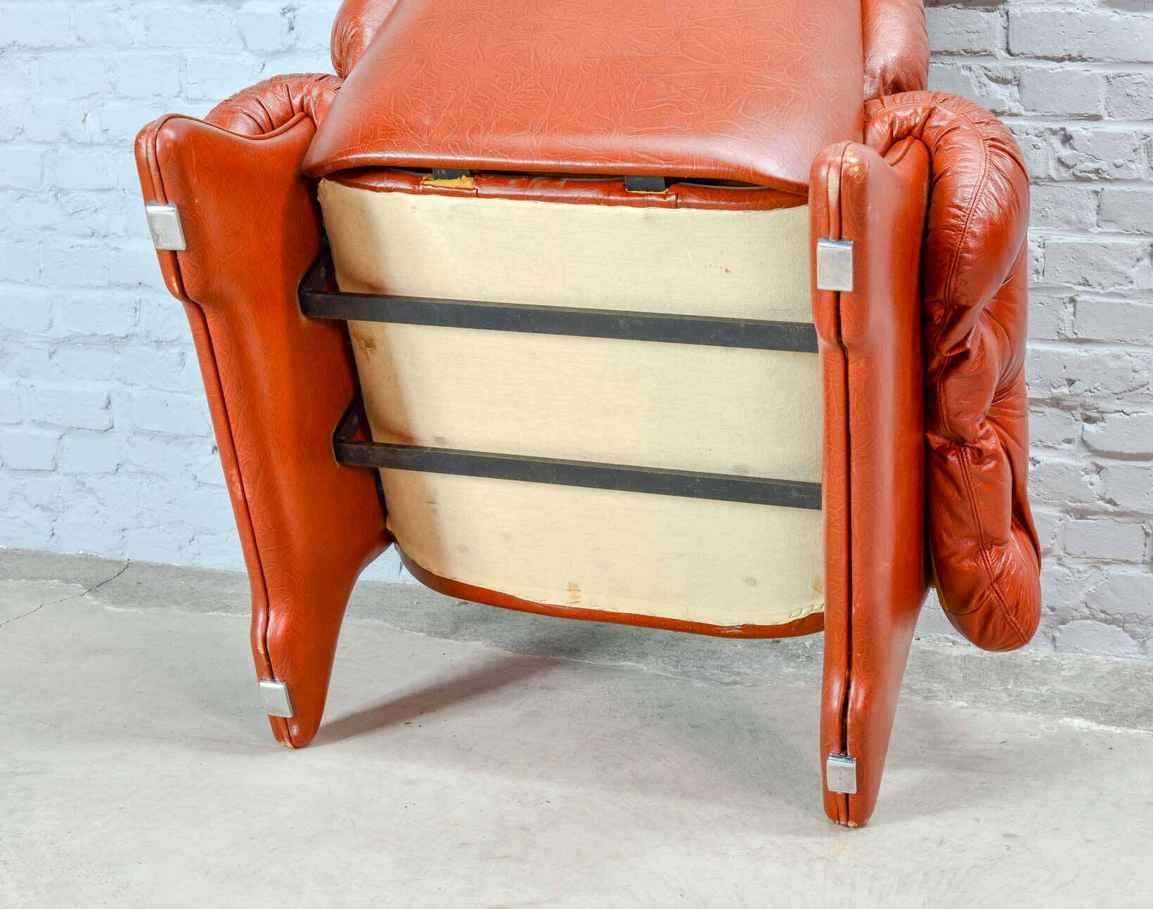 Brutalist Sculptured Brazilian Style Cognac Leather Lounge Chair, 1970s