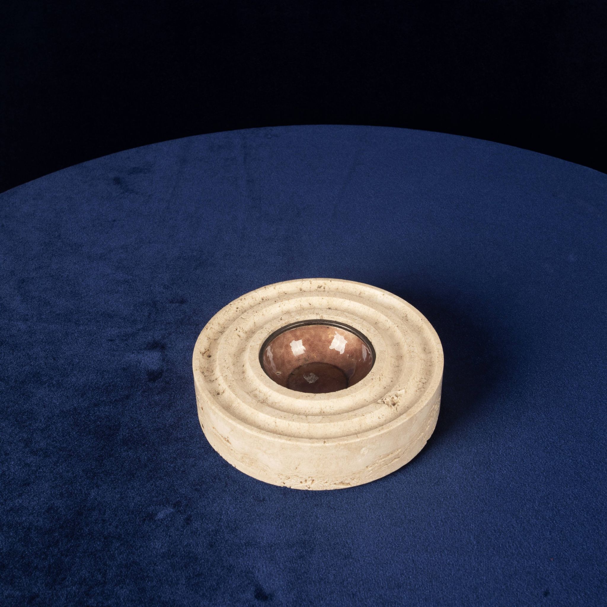 Italian Round Travertine and Copper-Toned Metal Ashtray, 1970